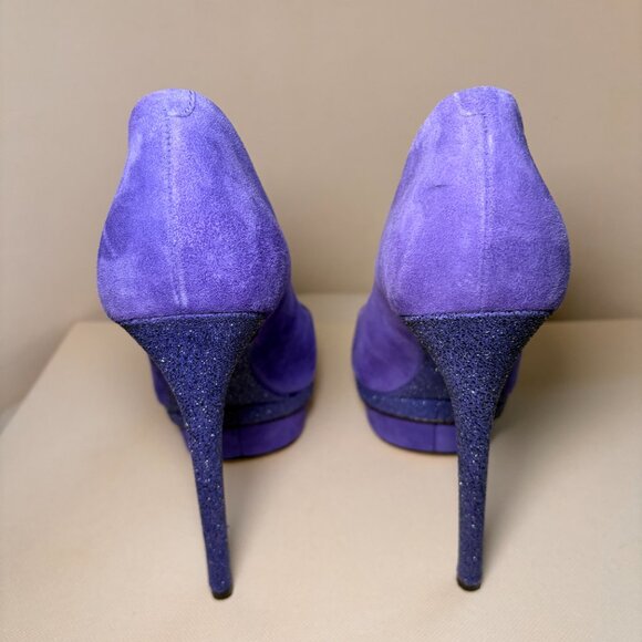 B Brian Atwood Purple Suede Platform Peep Toe Heels with Glitter Platforms, Sz 9